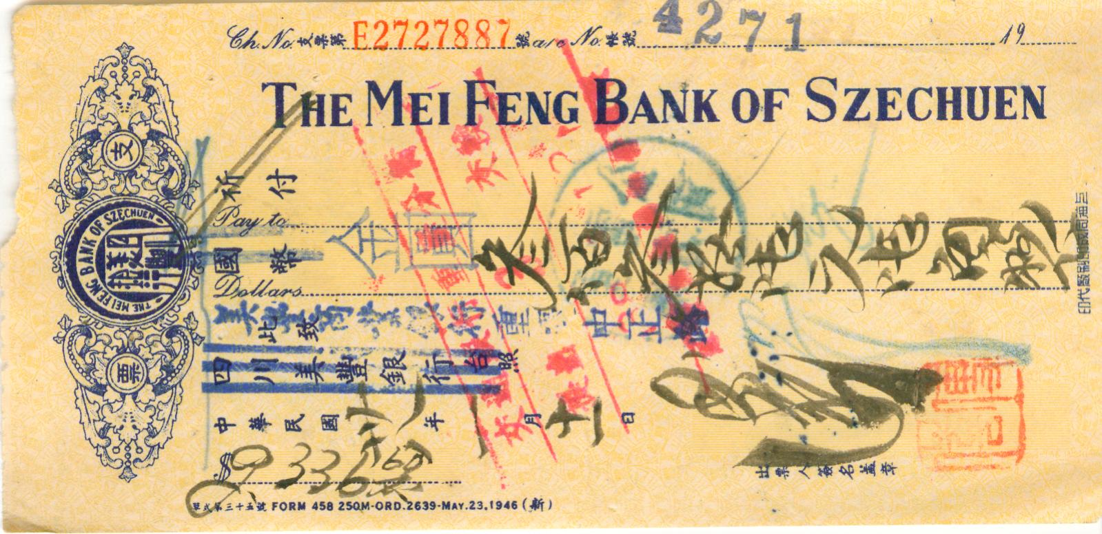 D2230, Check of The Mei Feng Bank of Szechuen, 1949 China