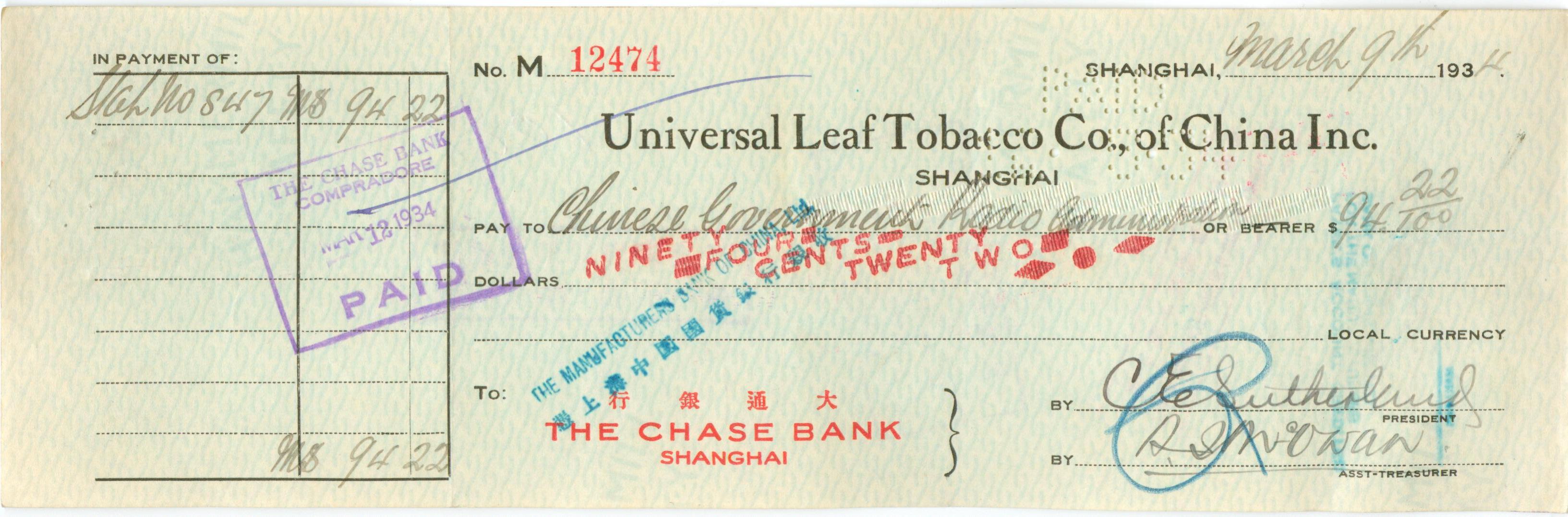 D2402, Check of Universal Leaf Tobacco (Shanghai), 1930's