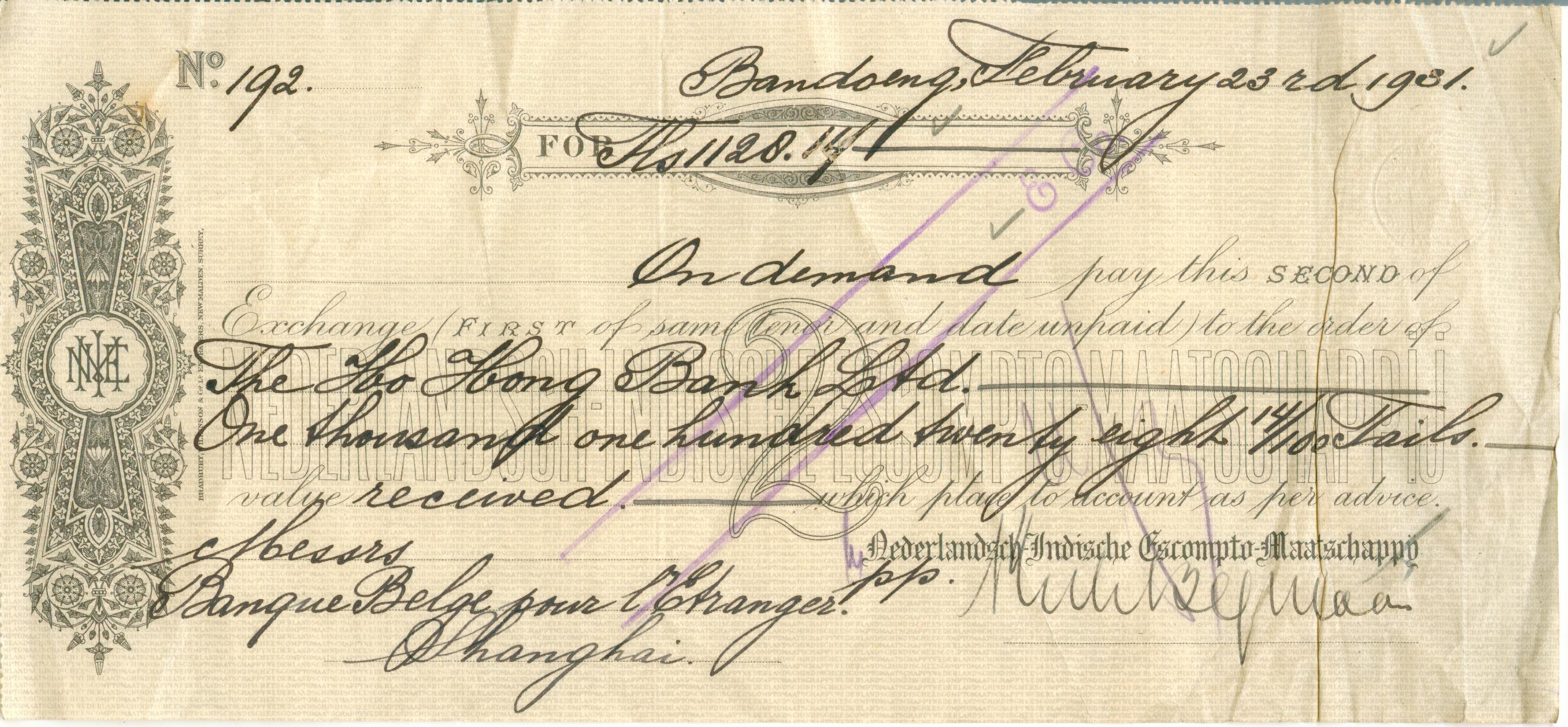 D2403, Check of Nederlandsch Indische Handels Bank, Shanghai, 1931