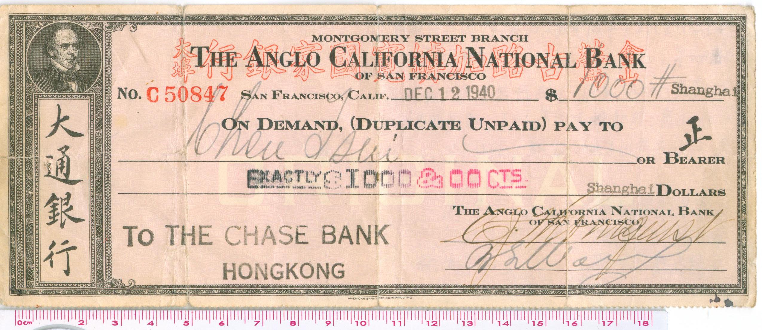 D2406, Check of The Anglo California National Bank (Shanghai), 1940