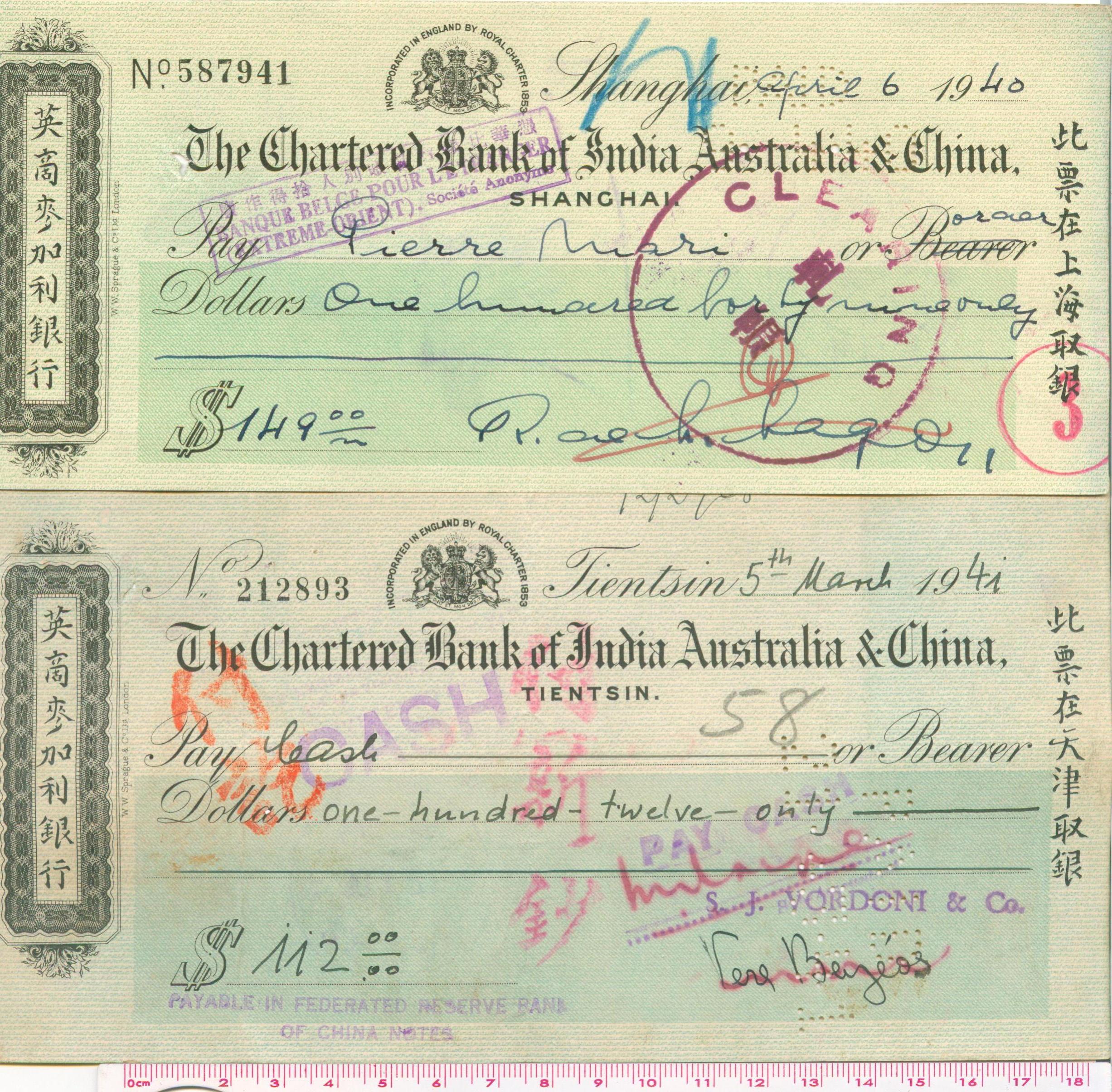 D2420, Two Checks of Charted Bank of India, Australia & China, 1940's