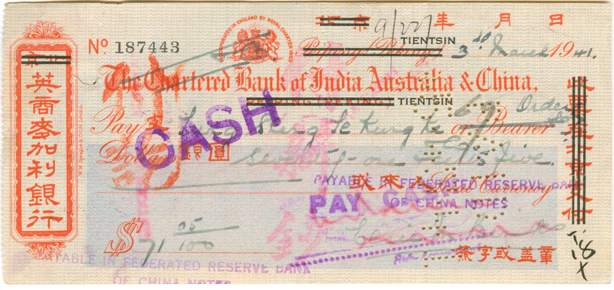 D2421, Check of Charted Bank of India, Australia & China (Red), 1940's
