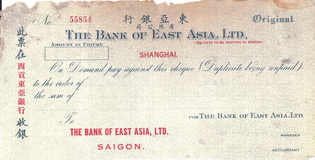 D2431, Check of The Bank of East Asia, from Shanghai to Sigon, 1930's