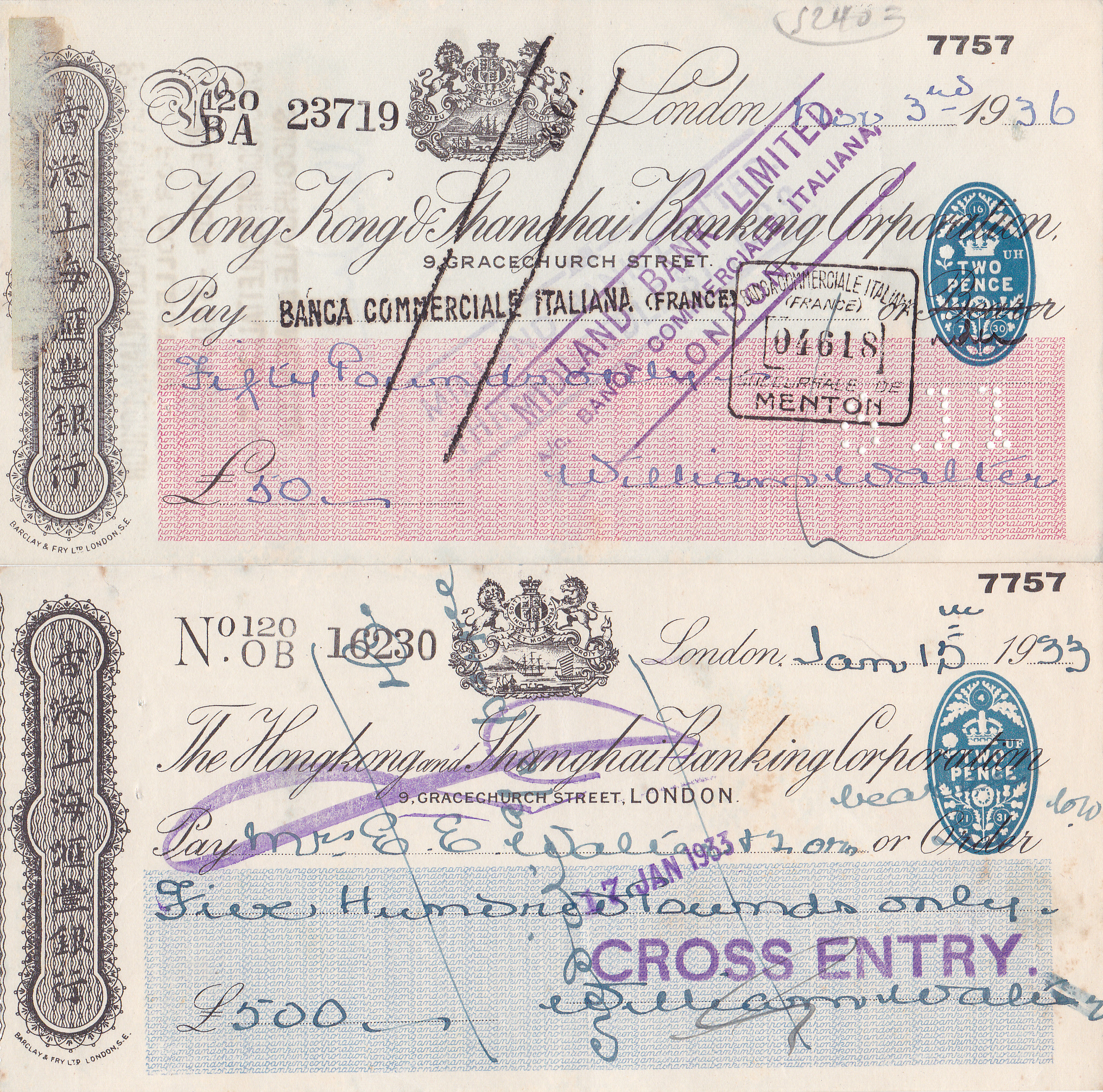 D2450, Two Pcs Checks of HSBC Bank, 1930's