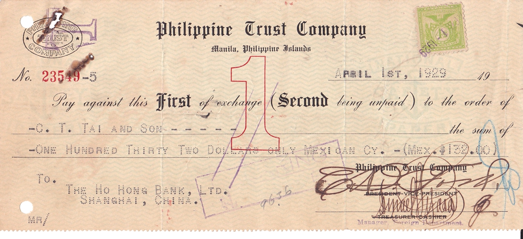 D2470, Philippine Trust Company Check, Checque, 1929, Manila to Shanghai
