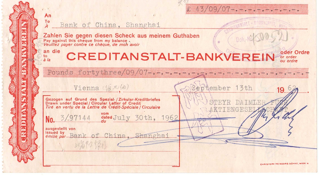 D2475, Check of Creditastalt Bankverein, from Vienna to Shanghai. China 1962