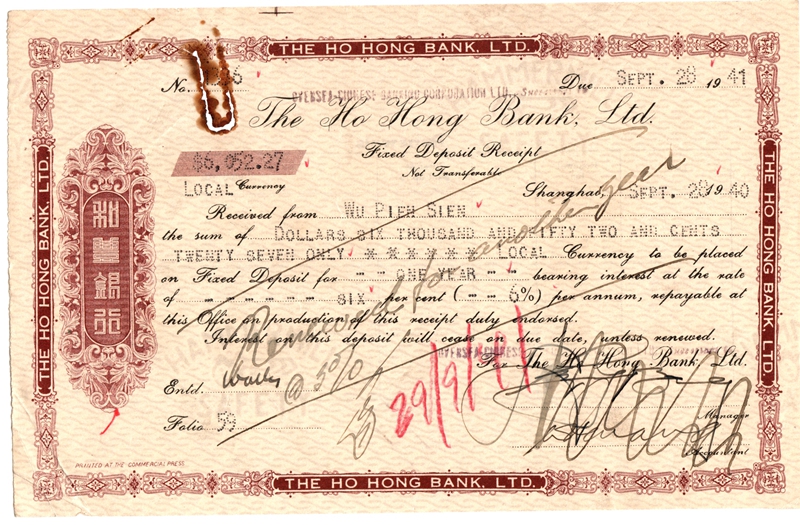 D2706, Deposit Receipt of Ho Hong Bank (Shanghai) 1940, $6052.27