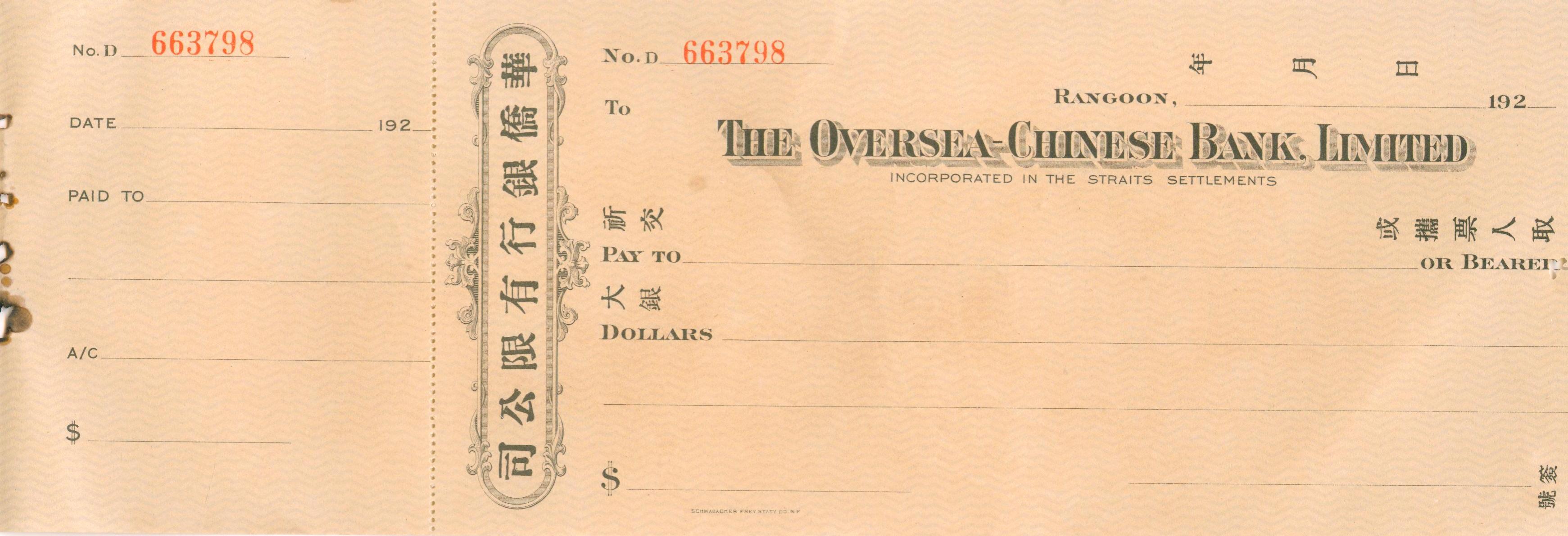 D2754, Check of Oversea-Chinese Bank Limited (Rangoon), Singapore Cheque 1920's