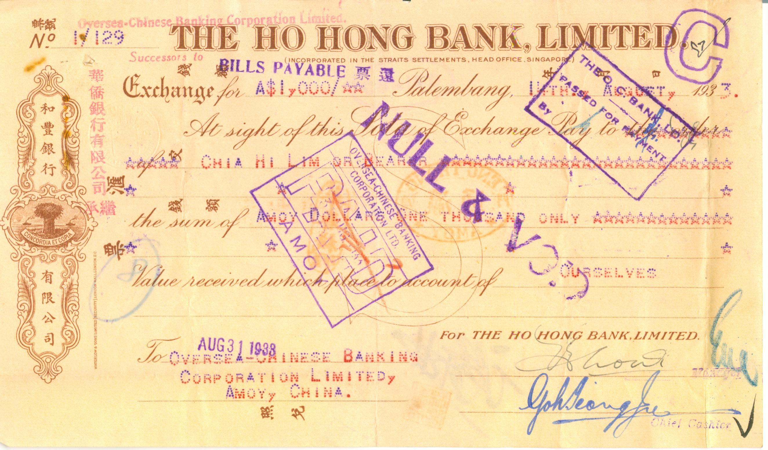 D2767, Check of Oversea-Chinese Bank Limited (Singapore), Cheque 1933