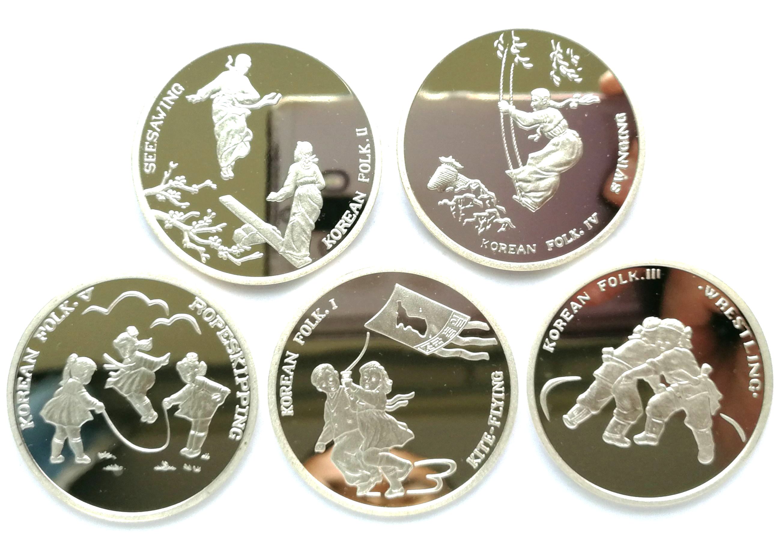 L3434, Korea Children Play 5 Pcs Commemorative Silver Coins, 1 Ounce, 2008