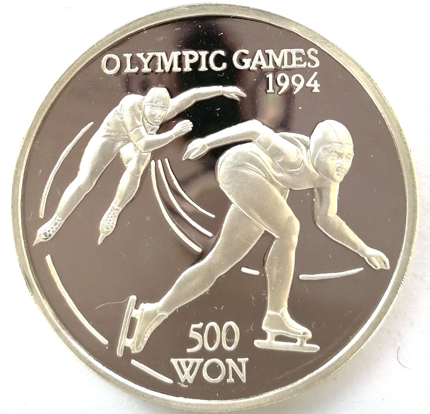L3443, Korea "Winter Olympics, Skating" Silver Coin 500 Won, 1 Oz. 1994 KM#60