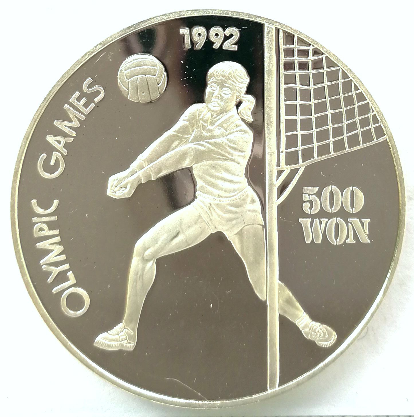 L3445, Korea "Olympics, Volleyball" Silver Coin 500 Won, 1 Oz. 1992 KM#60
