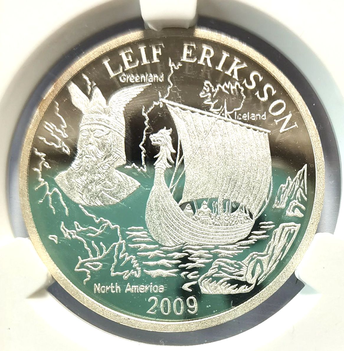 L3643, South Korea Silver Coin "Leif Eriksson, North America Explorer", 0.2 Oz. 2009