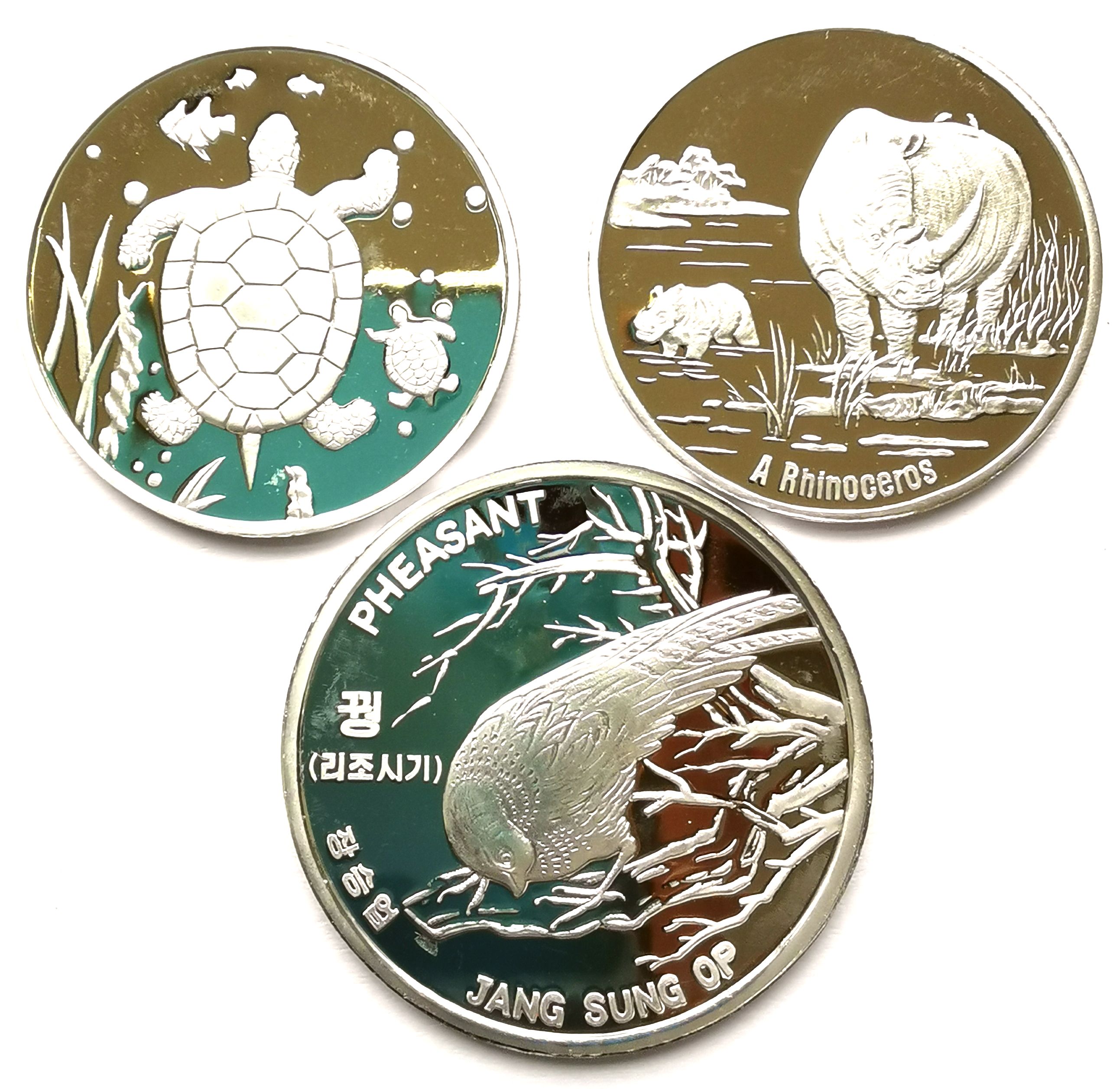 L7010, Korean 3 Pcs Coins, Wild Animals Pheasant, Rhinocero, Turtle, Alu 2015