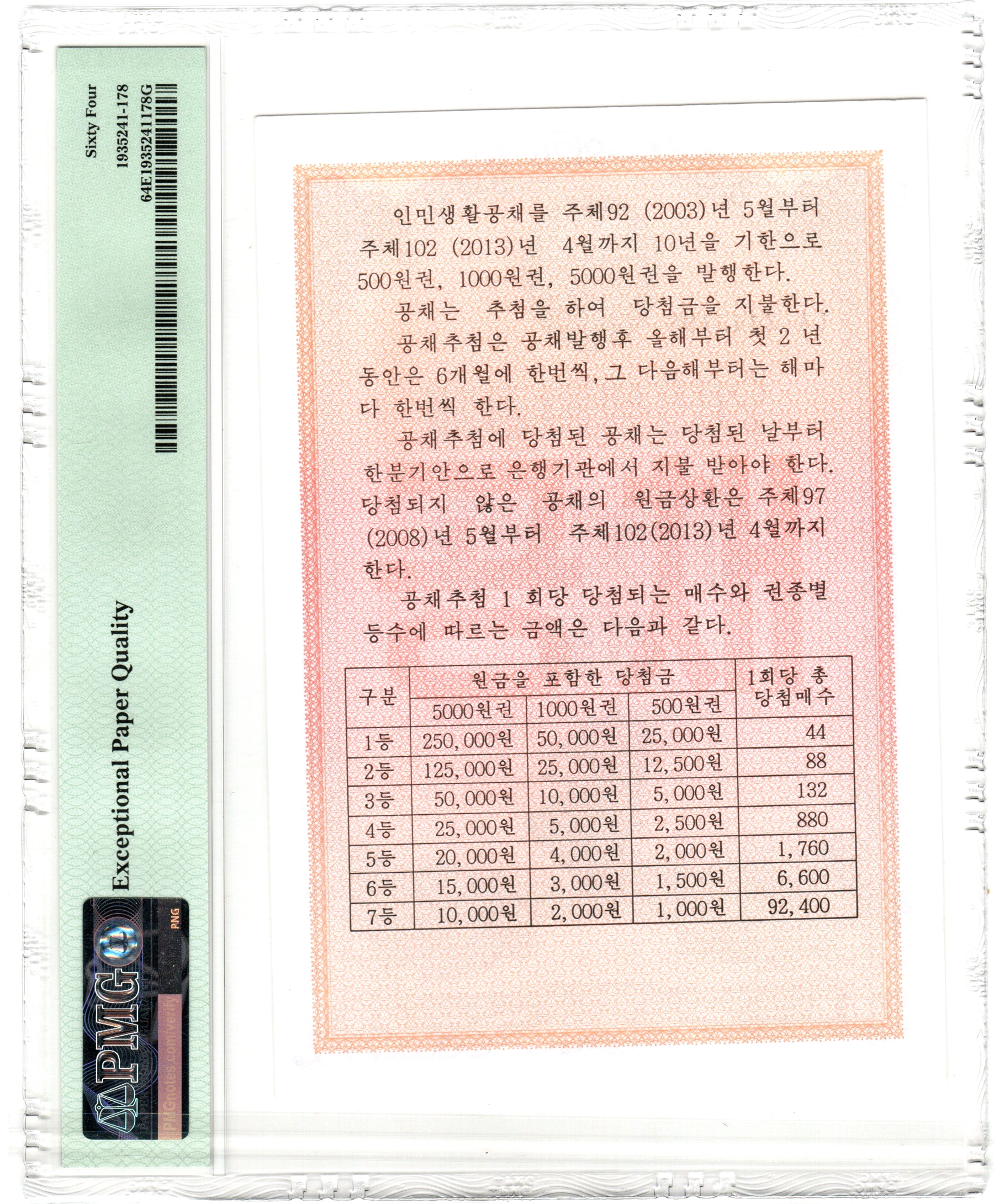 L1260, PMG64, Korea 10 Years Treasury Bond 1000 Wons, 2003