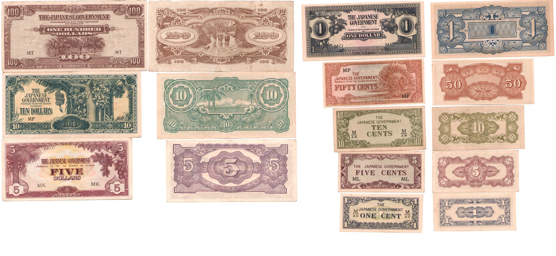 T2102, Malaya Malaysia Banknotes Full 8 Pcs, Japanese Occupation (1942)