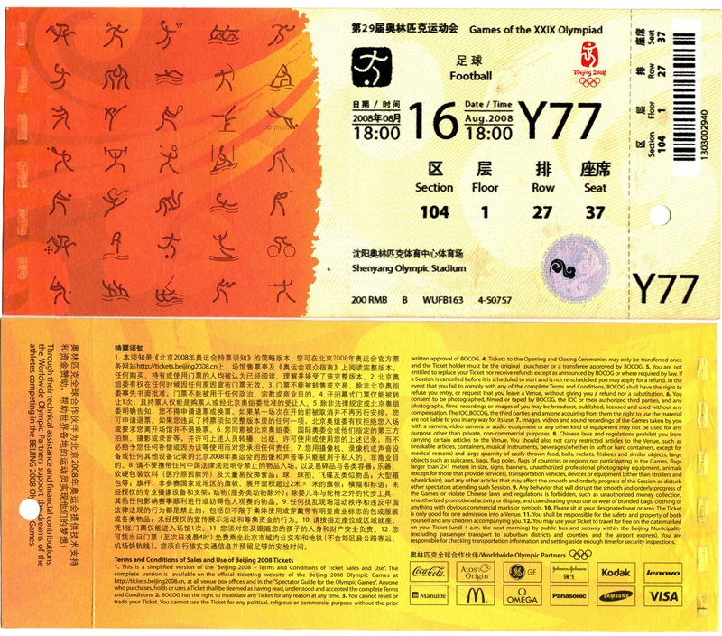 T6001, Beijing 2008 Olympics Ticket, Football