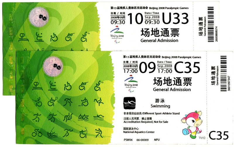 T6011, Beijing 2008 Paralympics Ticket, 2 Pcs, Blue - Click Image to Close