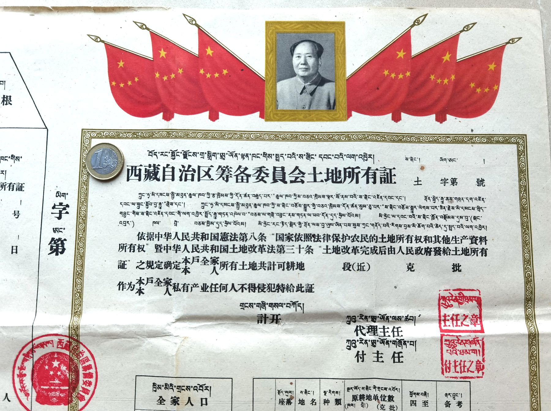 XZ830, Rare Tibet Land Deed, 1960's with Chairman Mao and Red Flag, Unused