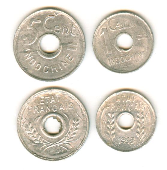 V3060, IndoChine 2 Pcs Coin, 1 Cent and 5 Cent, Alu 1943