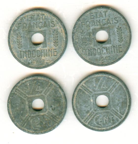 V3065, Two pieces French Indo-China 1/4 Cent Coins, 1942-1943