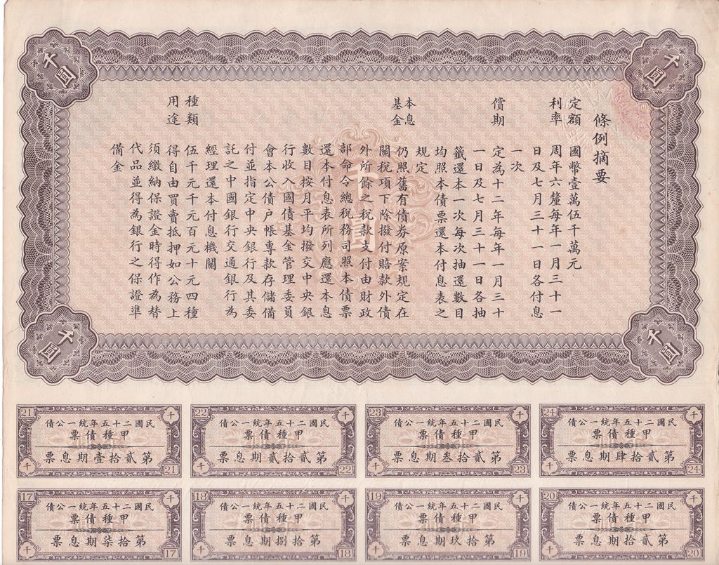 B2025, China 6% Unification Bond Type A, 1000 Dollars (High Value) 1936