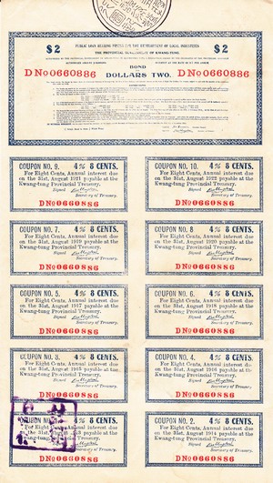 B2680, Public Loan Bearing Prices, Government Kwang-Tung, 2 Dollars, China 1911