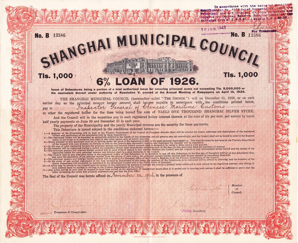 B2761, Shanghai Municipal Council 1000 Dollars, 6% Loan Bond of 1926