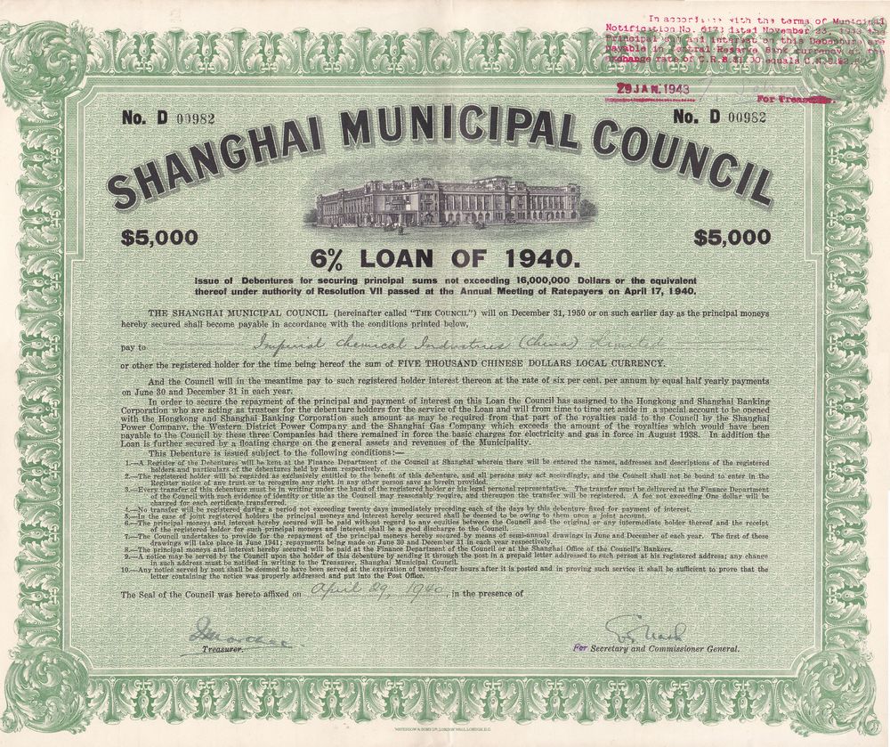B2765, Shanghai Municipal Council 5000 Dollars, 6% Loan Bond of 1940