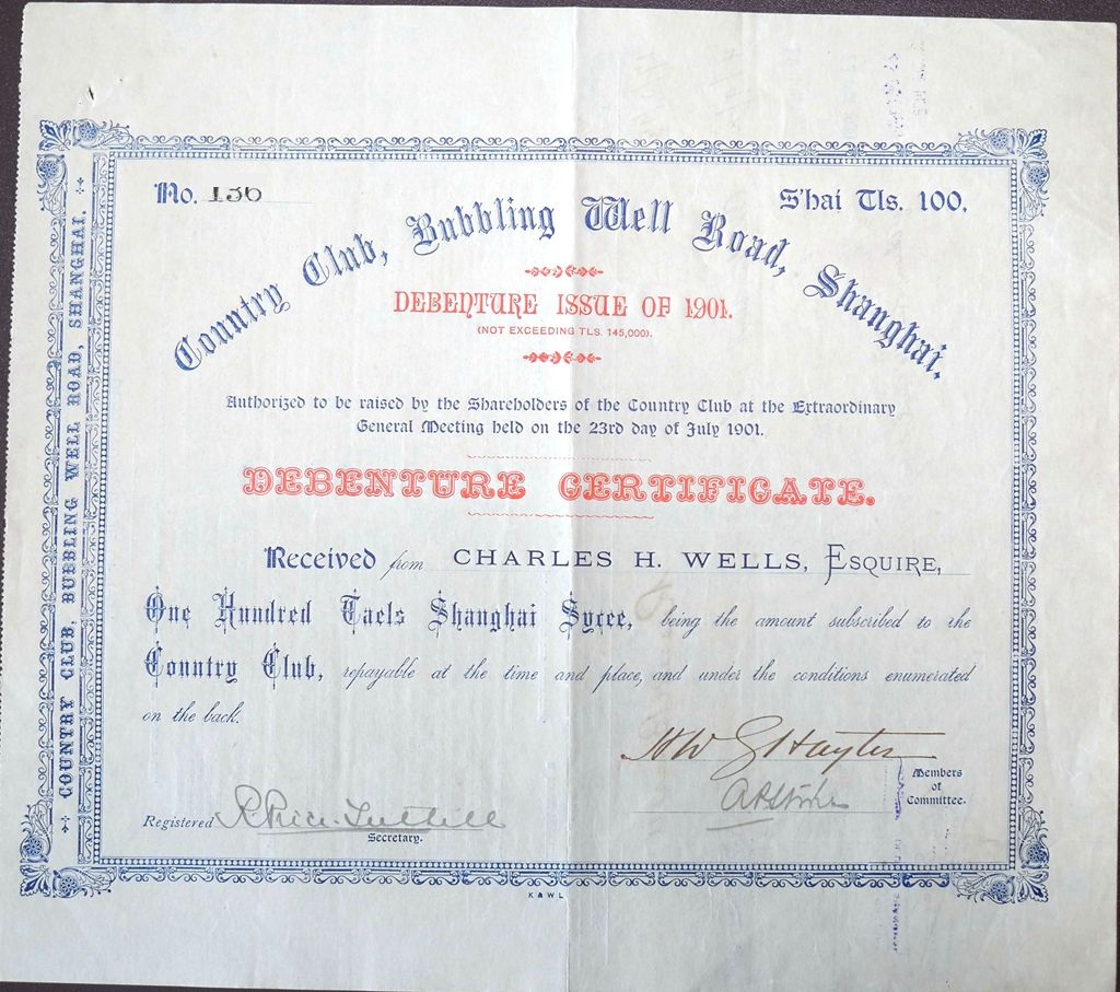 B3075, Shanghai Country Club Bond, 1901 Loan of 100 Taels (Silver Dollars)