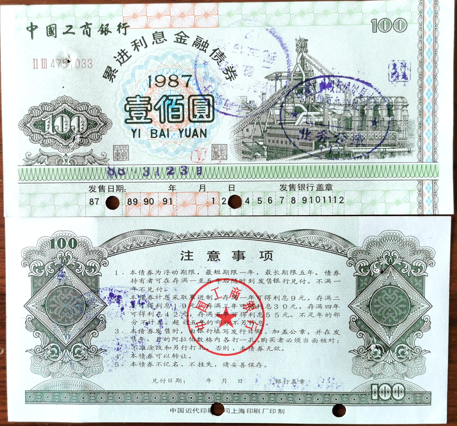 B7372, ICBC Bank of China, 10.5%, 5 Years Finance Bond 100 Yuan, 1987
