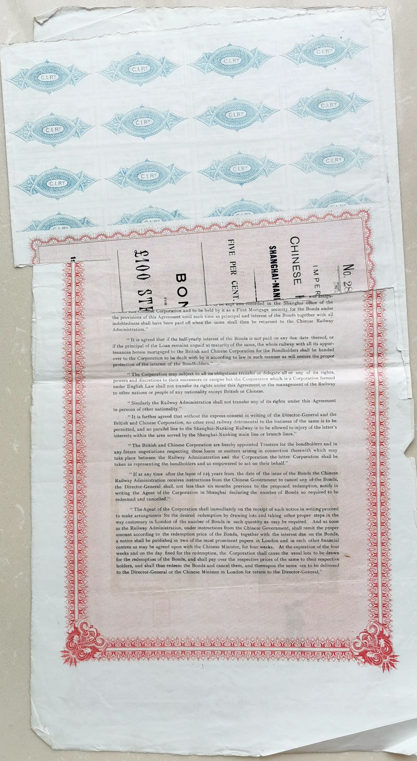 B9056, China 5% Shanghai-Nanking Railway Loan, 100 Pounds Bond 1907