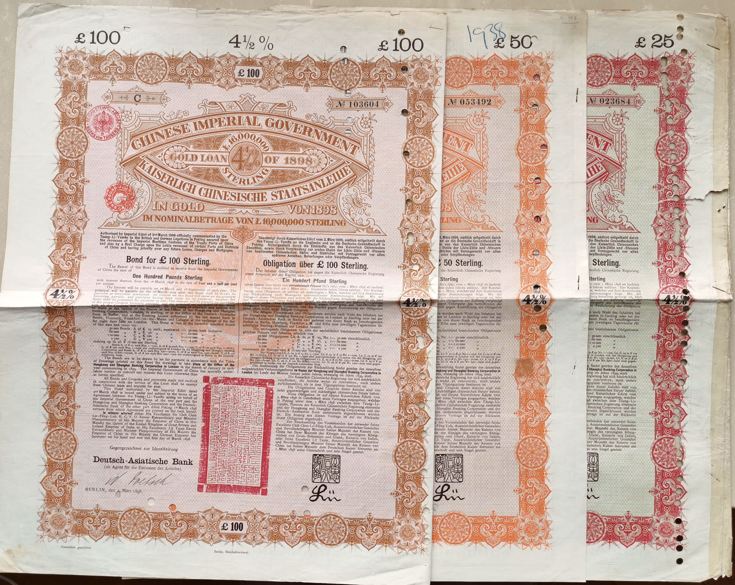 B9630, China Government Gold Loan 4.5% Bonds, ￡25, ￡50 and ￡100, Deutsch 1898 - Click Image to Close