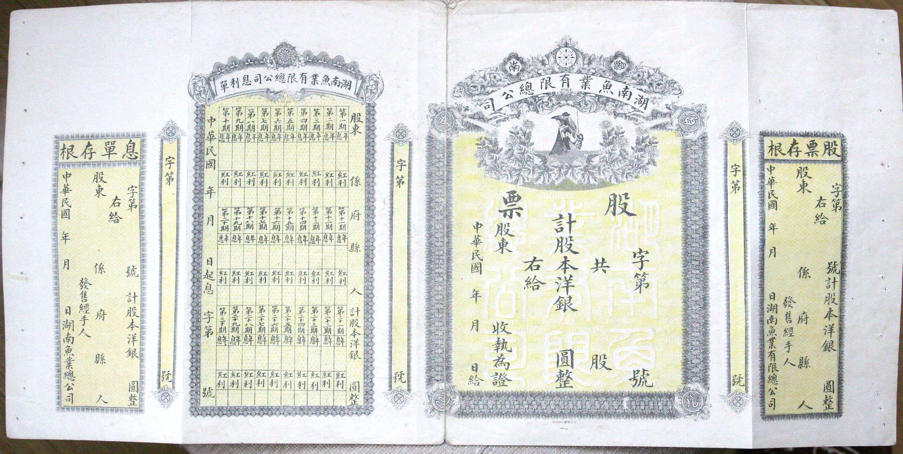 S0170, Hunan Province Fishery Co., Ltd, Stock Certificate of China 1920