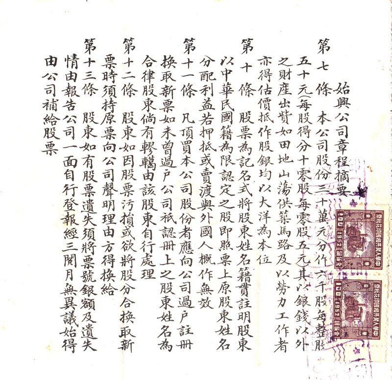 S0191, Tse-Hsing Motor Car Co., Stock Certificate 5 Share, China 1925