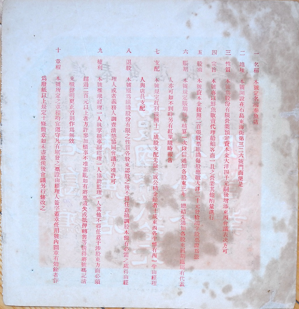 S0324, Hung-Tai Fish Co,. Stock Certificate of 1 Share, ShihTao, China 1927