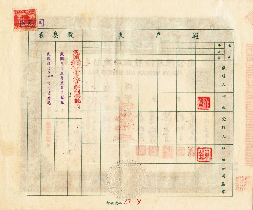 S1042, Mellen Woollen Mill Ltd, Stock Certificate 500 Shares, Shanghai 1945