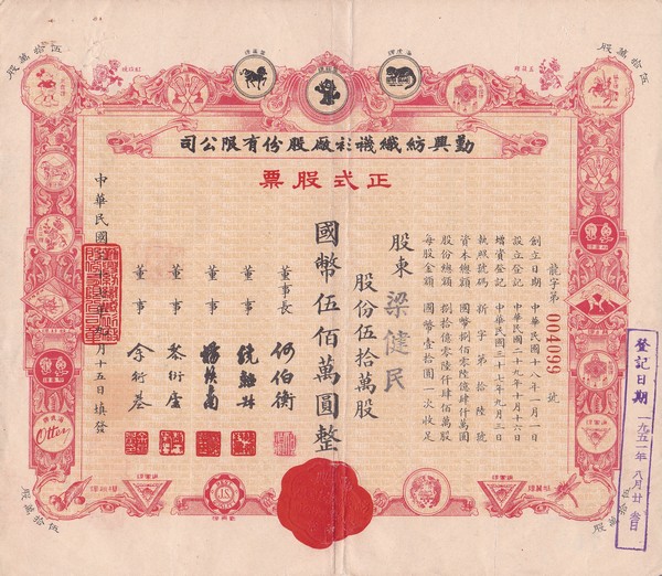 S1173, Jin Sning Textile & Underware Factory Co, Stock Certificate 500,000 Shares, China 1948
