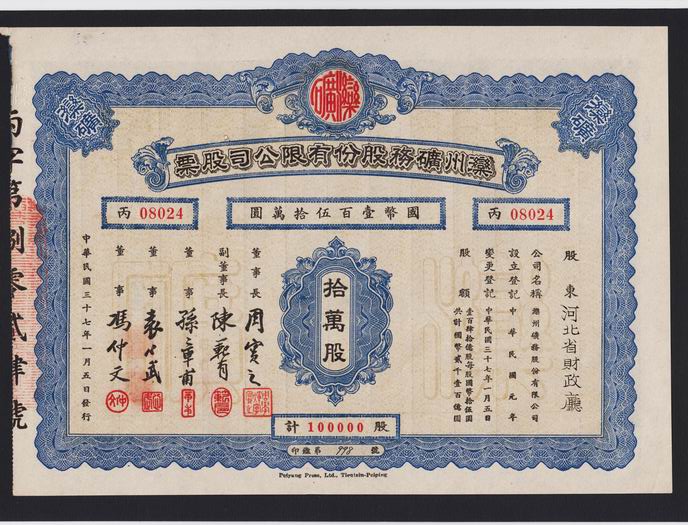 S1195 Lan-Zhou Mine Co., Ltd, Stock Certificate of 1948