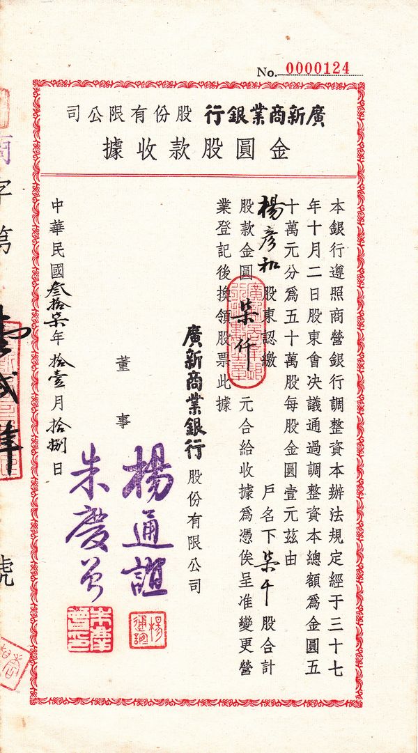S1364, Guangxin Commercial Bank, Stock 7000 Shares, 1948 China
