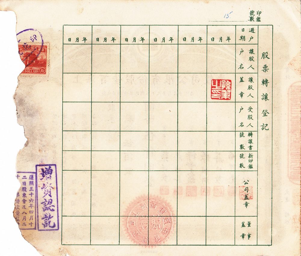 S1367, Shanghai Double Cosmetic Co., Stock Certificate 500 Shares, 1944