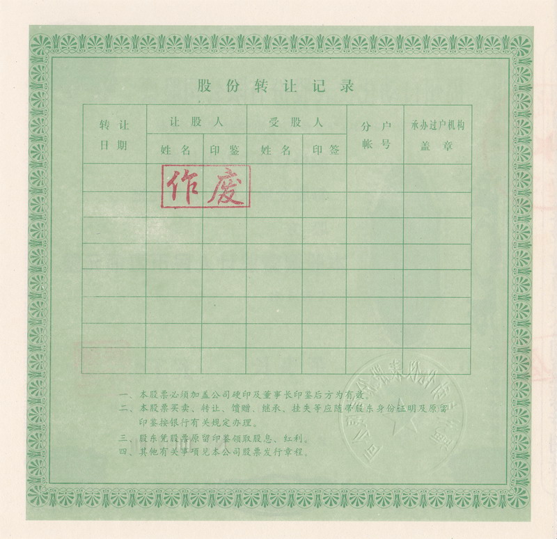 S3042 Fujian Auto-Machinery Co. Ltd, 1 Share, 1988