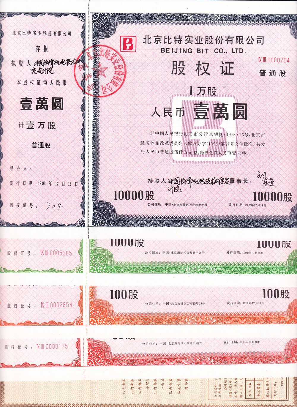 S3177, Beijing BIT Co. Ltd. Stock Certificate of Full 5 Pcs, 1992