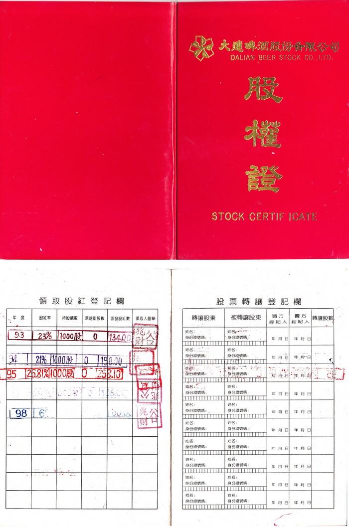 S3186 Dalian Beer Stock Co., Ltd. 1000 Share, China 1993