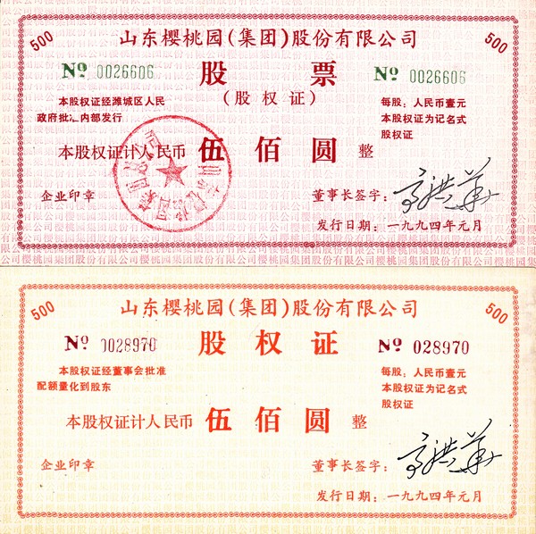 S3225 Jiangsu Cherry Garden Co., Ltd, 2 Pcs Stock Certificate of 1994, China
