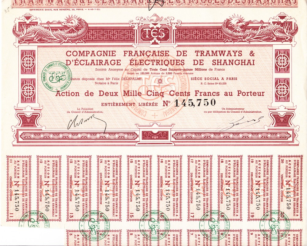 S4001, Tramways & D'Eclairage Electriques de Shanghai, Stock Certificate of 1930's