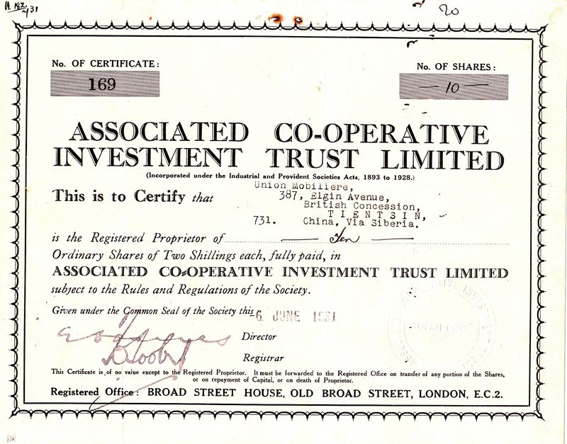 S4057, Associated Cooperative Investment Trust Ltd, Stock 10 Shares 1931