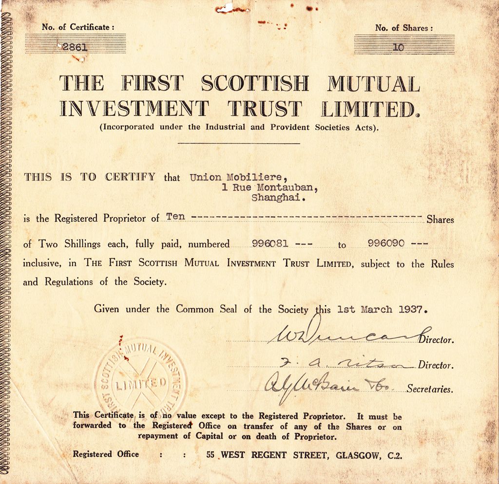 S4059, First Scottish Mutual Investment Trust Fund, Stock 10 Shares 1937 (Sold Out)