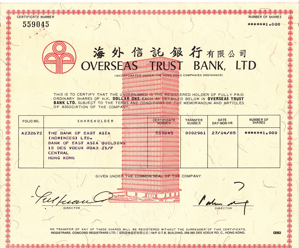 S4070, Oversea Trust Bank, Ltd, Stock Certificate 1000 Shares, Hong Kong 1985