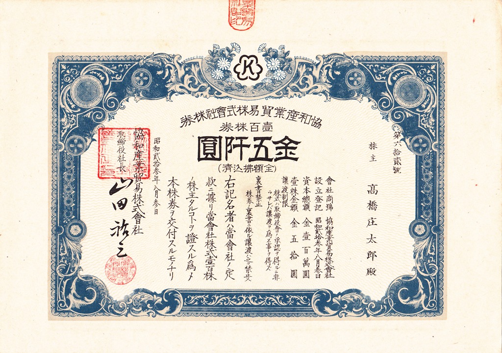 S4124, Concorde Industrial Trade Co., Stock Certificate of 100 Shares, Japan 1948